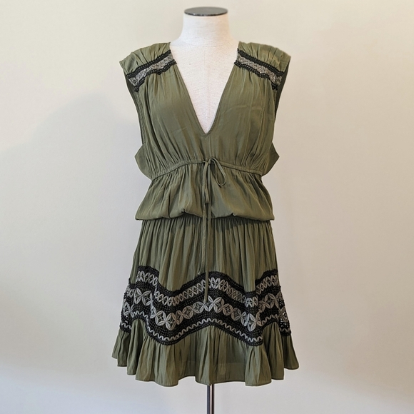 Ramy Brook Isra Mini Dress Sleeveless Deep V Neck Crochet Detail Clover XL NWT - Picture 11 of 16